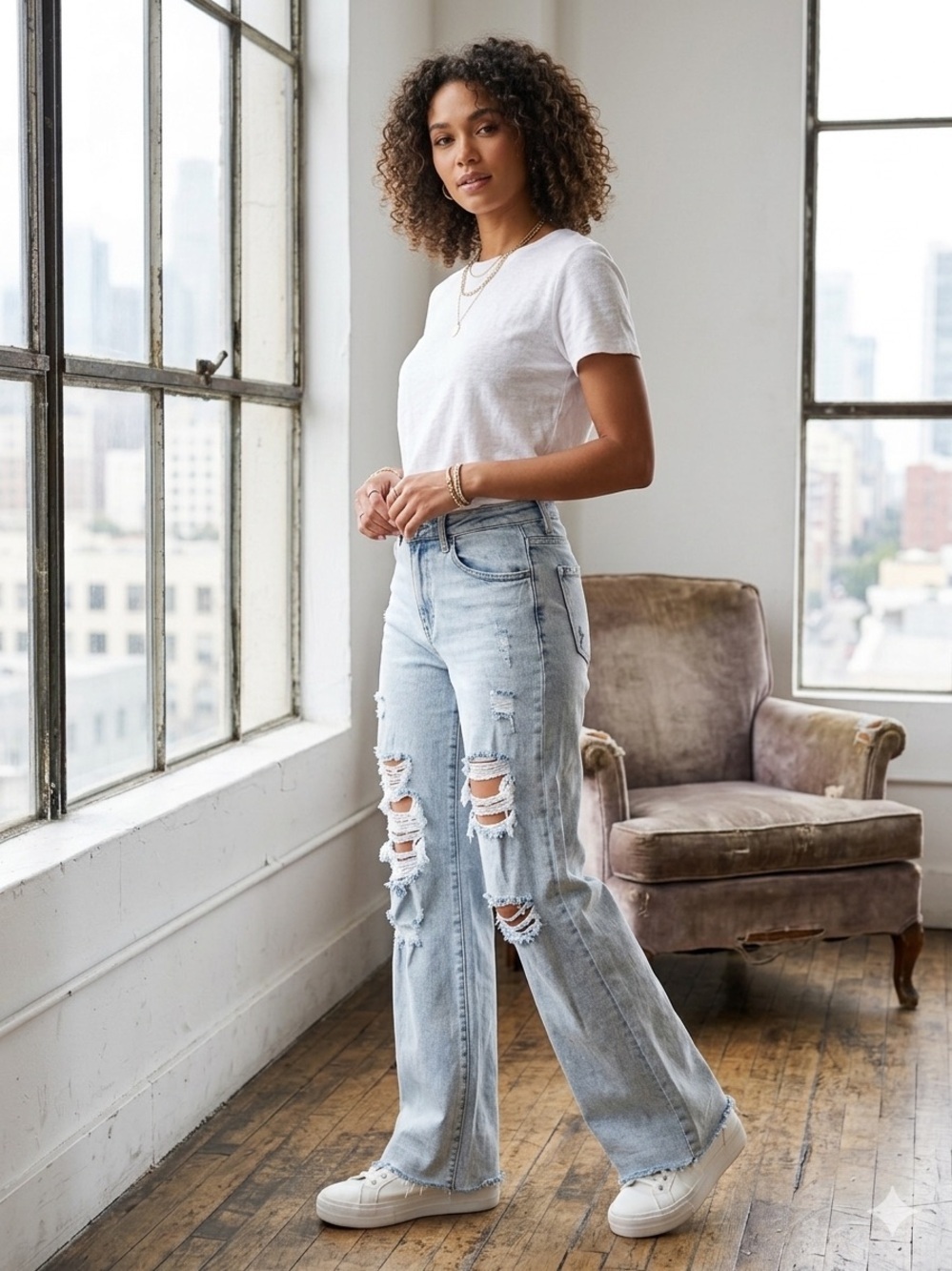 Distressed Light Blue High-Rise Wide Leg Jeans